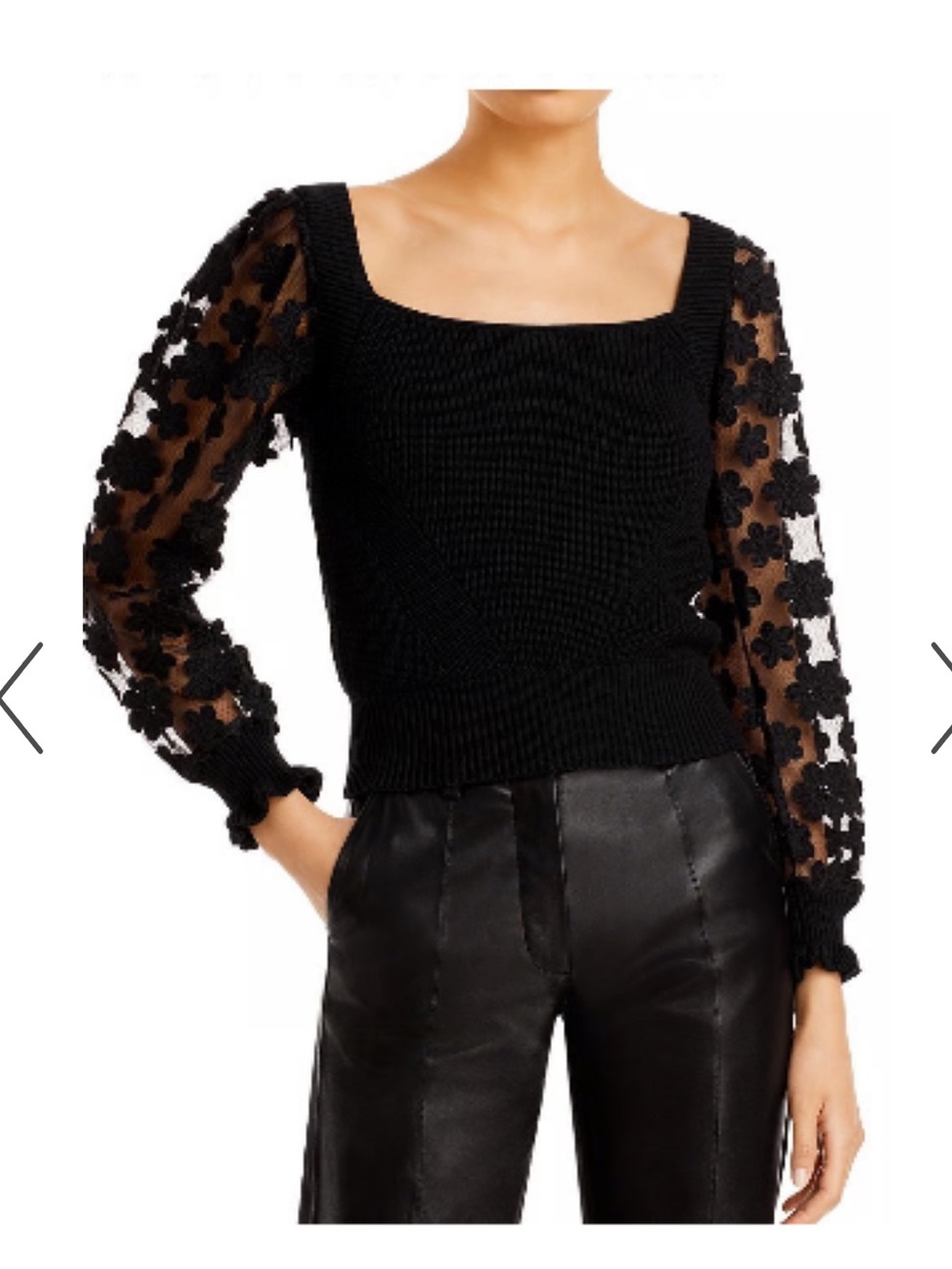 French Connection Black Square-Neck Sweater with Sheer Floral Sleeves